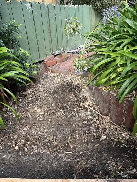 Garden path before, bare dirt slope